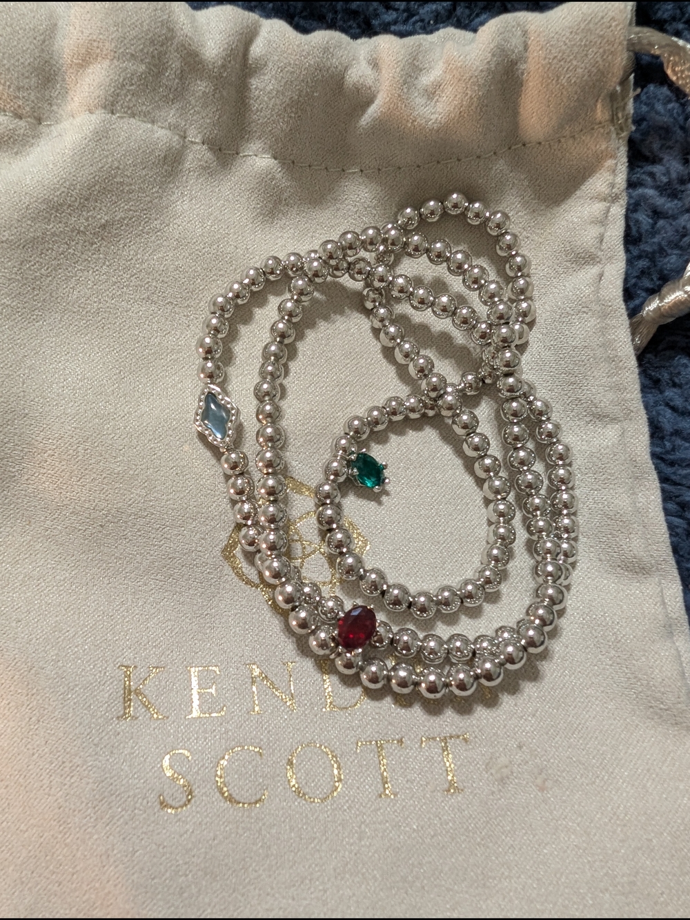 Kendra Scott Silver Beaded Bracelets (3) with Red, Green & Light Blue Stones
